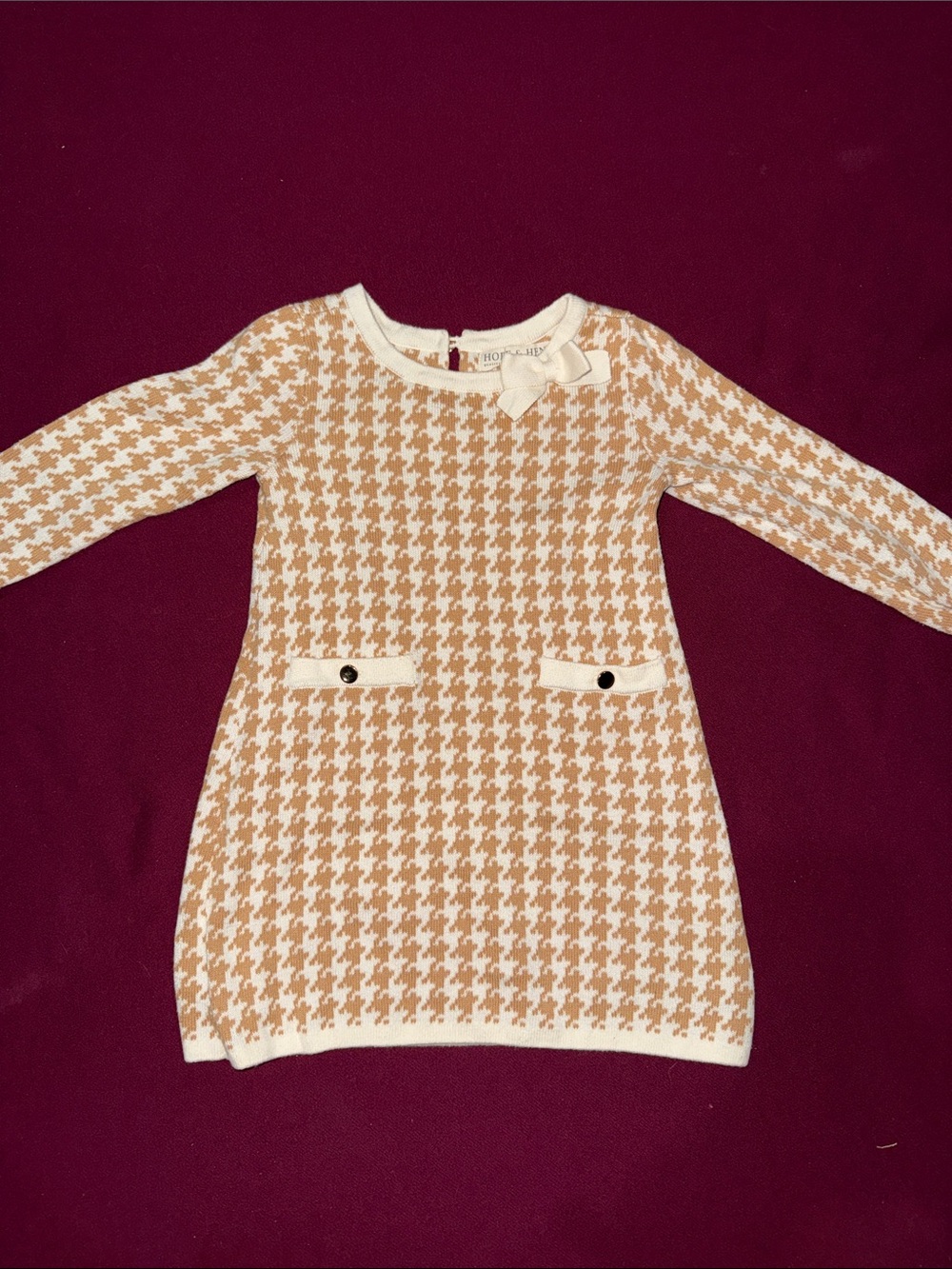 Girls' Houndstooth Knit Dress with Bow - Cream and Tan